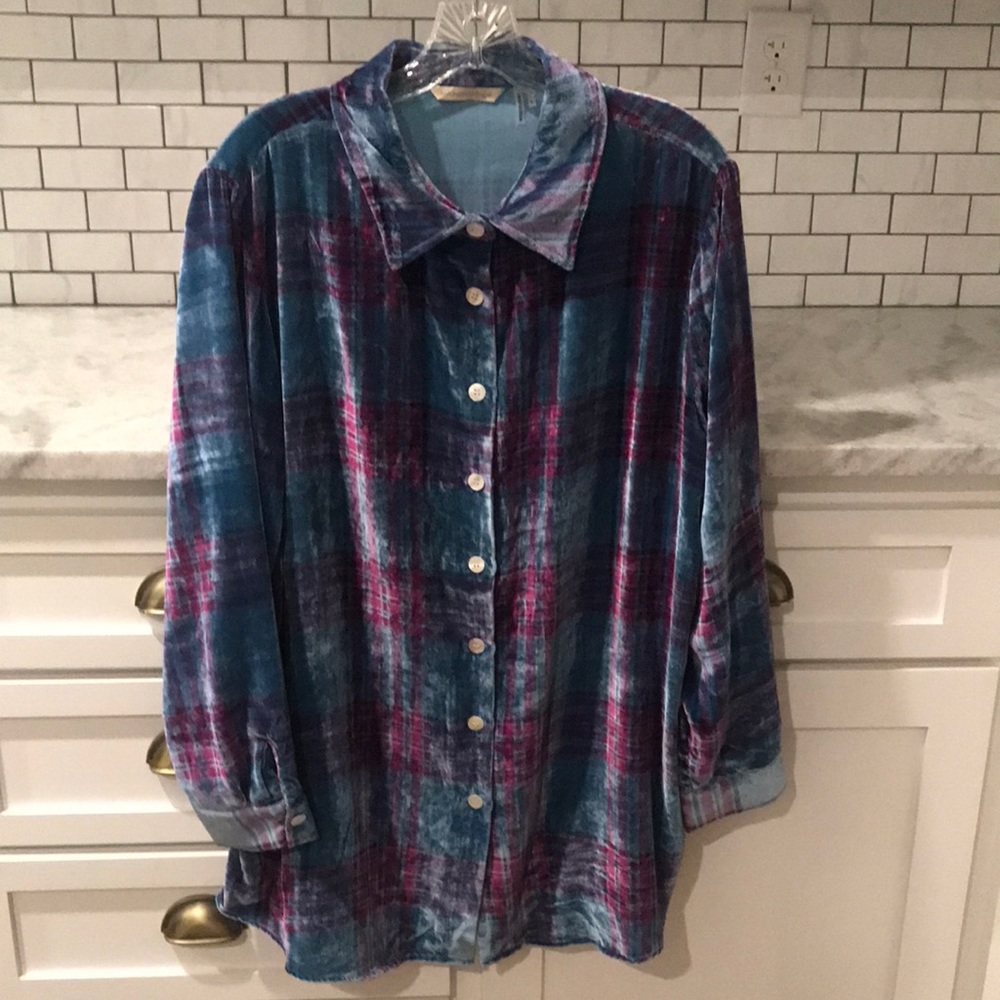 Soft Surroundings Velvet Woman’s Top Boyfriend Shirt Size Large Teal Blue Purple - Picture 2 of 8